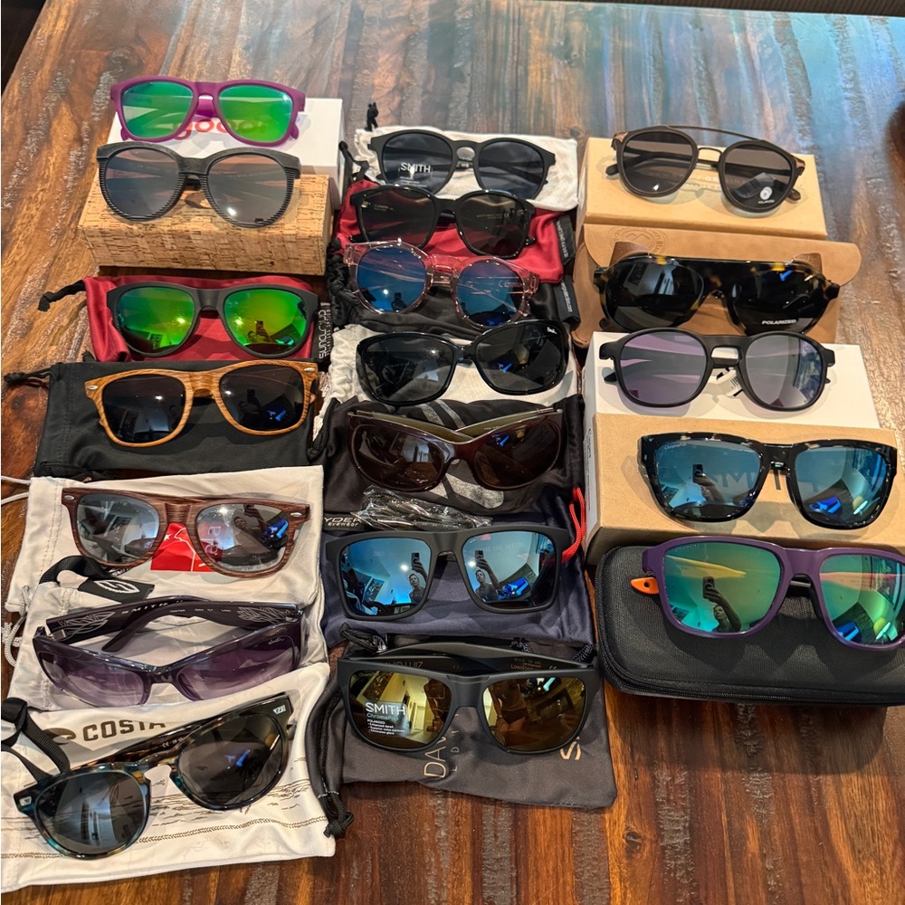 SMITH, Costa, Zeal, and other high end brands. Some are new, some used like new